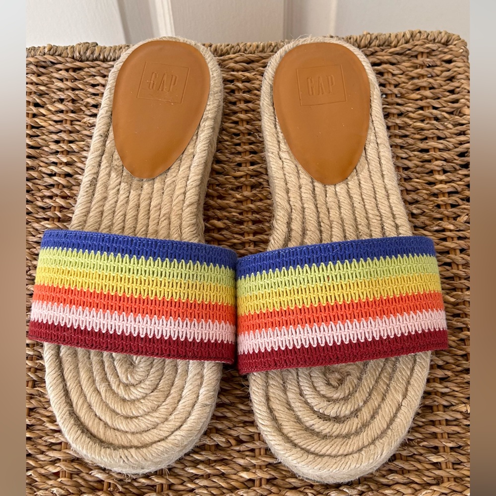 GAP Rainbow Stripe Slide Sandals - Blue, Yellow, Green, Orange, Red, White